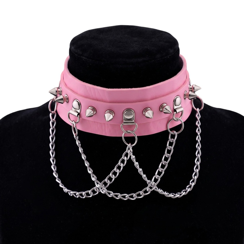 New Pink Vegan Leather Spiked Choker Necklace Chain O-Ring Punk Goth Y2K